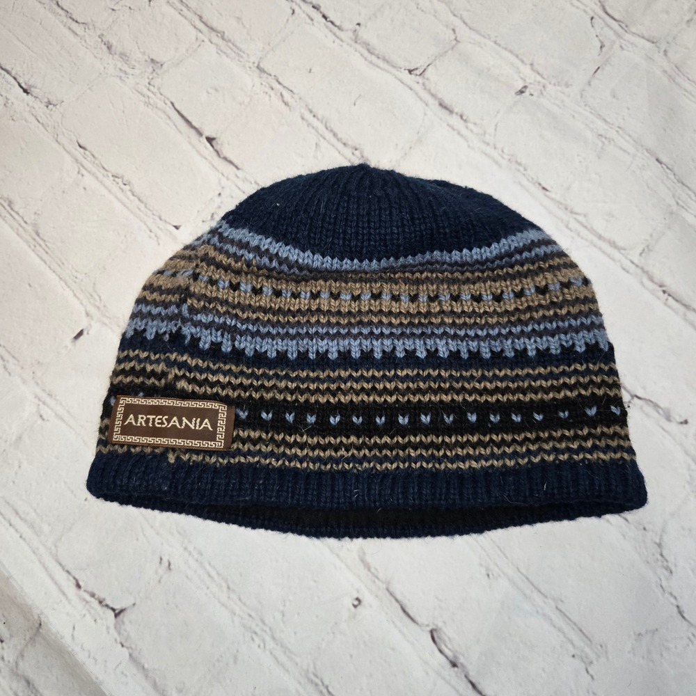 Artesania Alpaca Wool Beanie Navy Blue Tan Fair Isle Fleece Lined Knit Hat